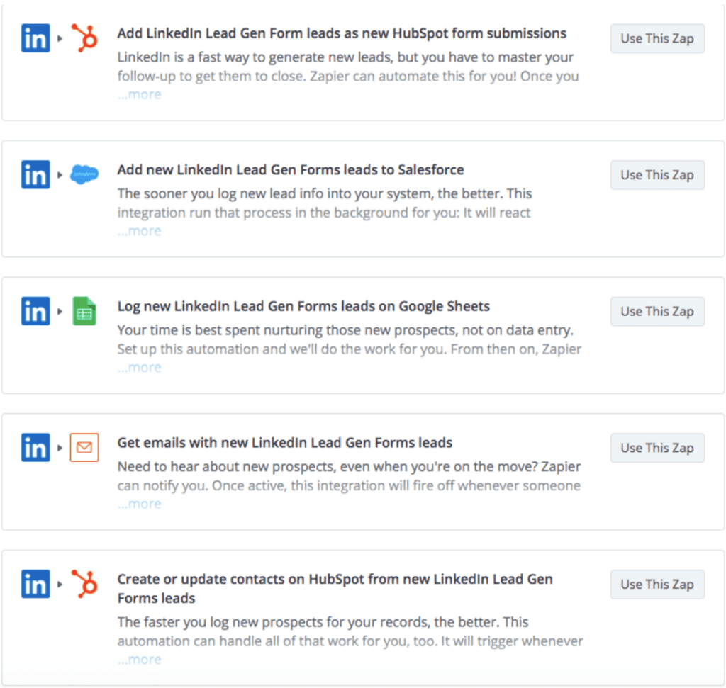 Zapier Integrations options for LinkedIn Lead Generation Forms